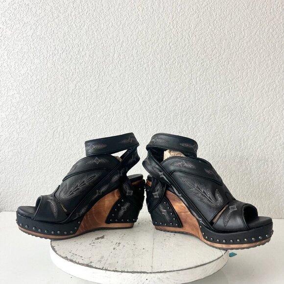 Lane Boots LEXINGTON Womens Black Wedges 8 Western Sandals Cowgirl Wooden Heel - Picture 7 of 11